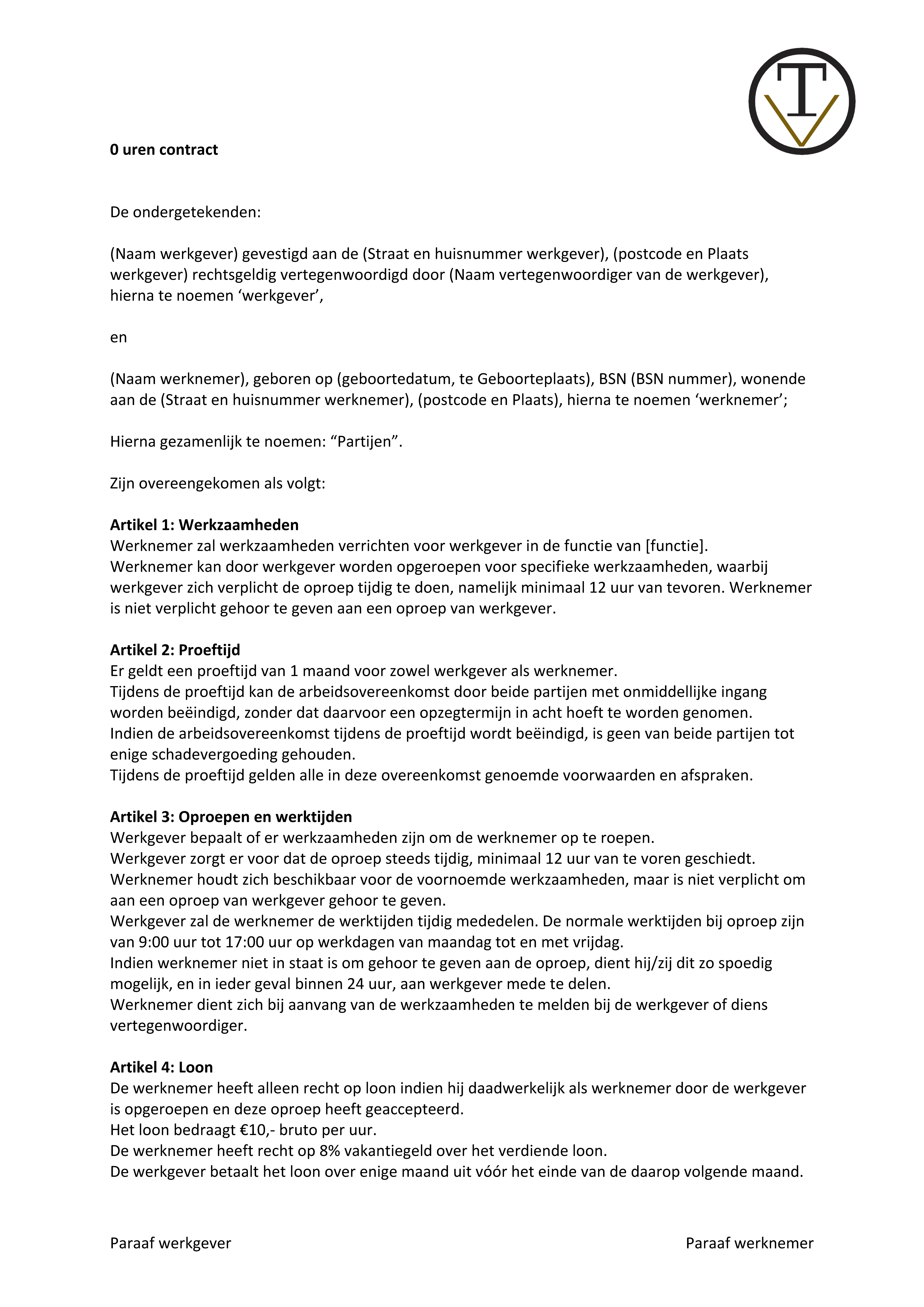 0 uren contract Gratis Voorbeeld in Word