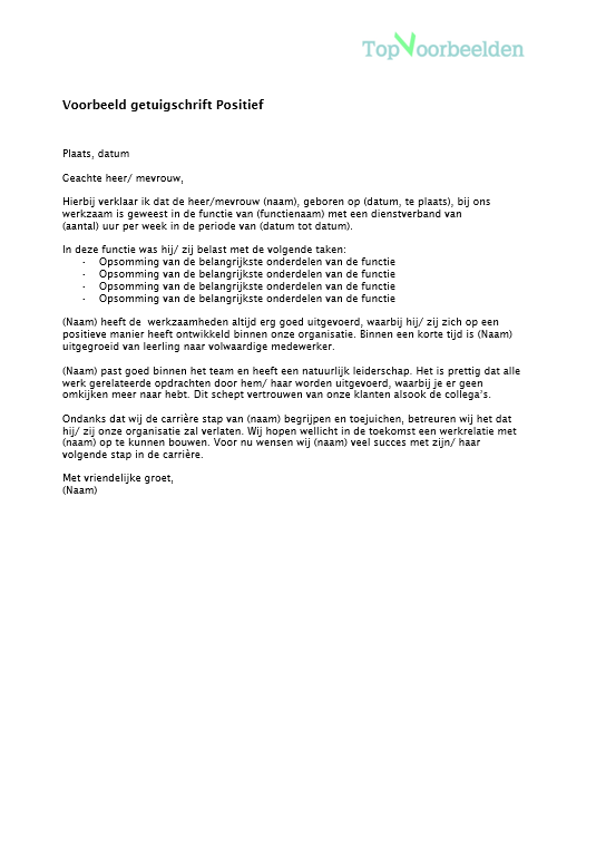 Voorbeeld getuigschrift