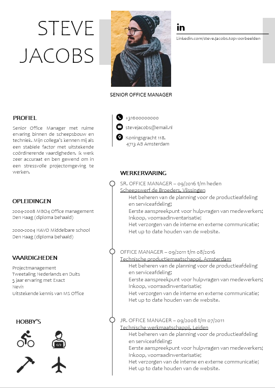 CV Voorbeeld 17, Gratis Microsoft Word template van een modern CV. Download onze gratis voorbeelden en maak snel en eenvoudig je eigen CV helemaal up to date. 
