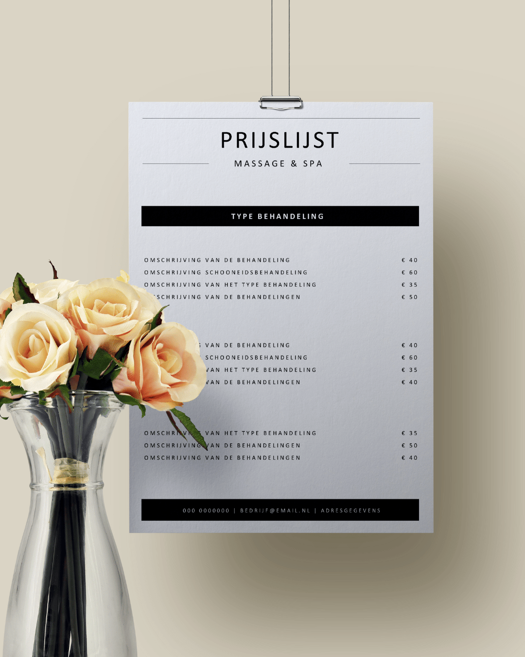 Prijslijst voorbeeld massagesalon - maak eenvoudig en snel een prijslijst voor je massagesalon met onze gratis voorbeeld templates. Download in Word en zet jouw huisstijl erin. 