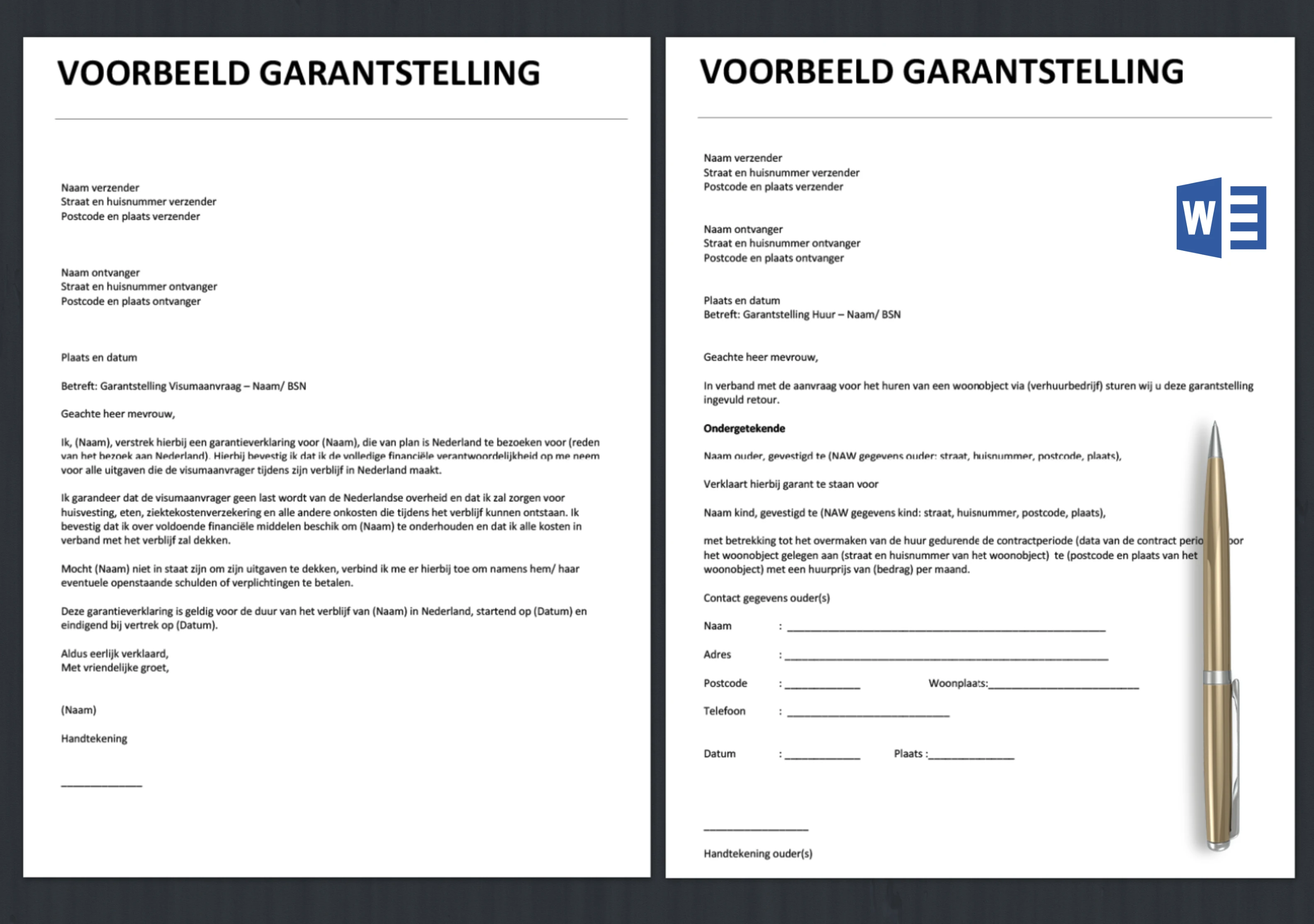 Voorbeeld Garantstelling | Maak snel een Garantstelling met behulp van deze Gratis Voorbeelden in Word | Sta Garant voor bijvoorbeeld huurkosten of een visum. 