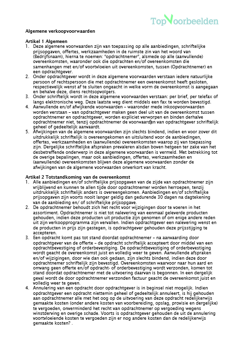 Algemene verkoop voorwaarden Gratis in Word
