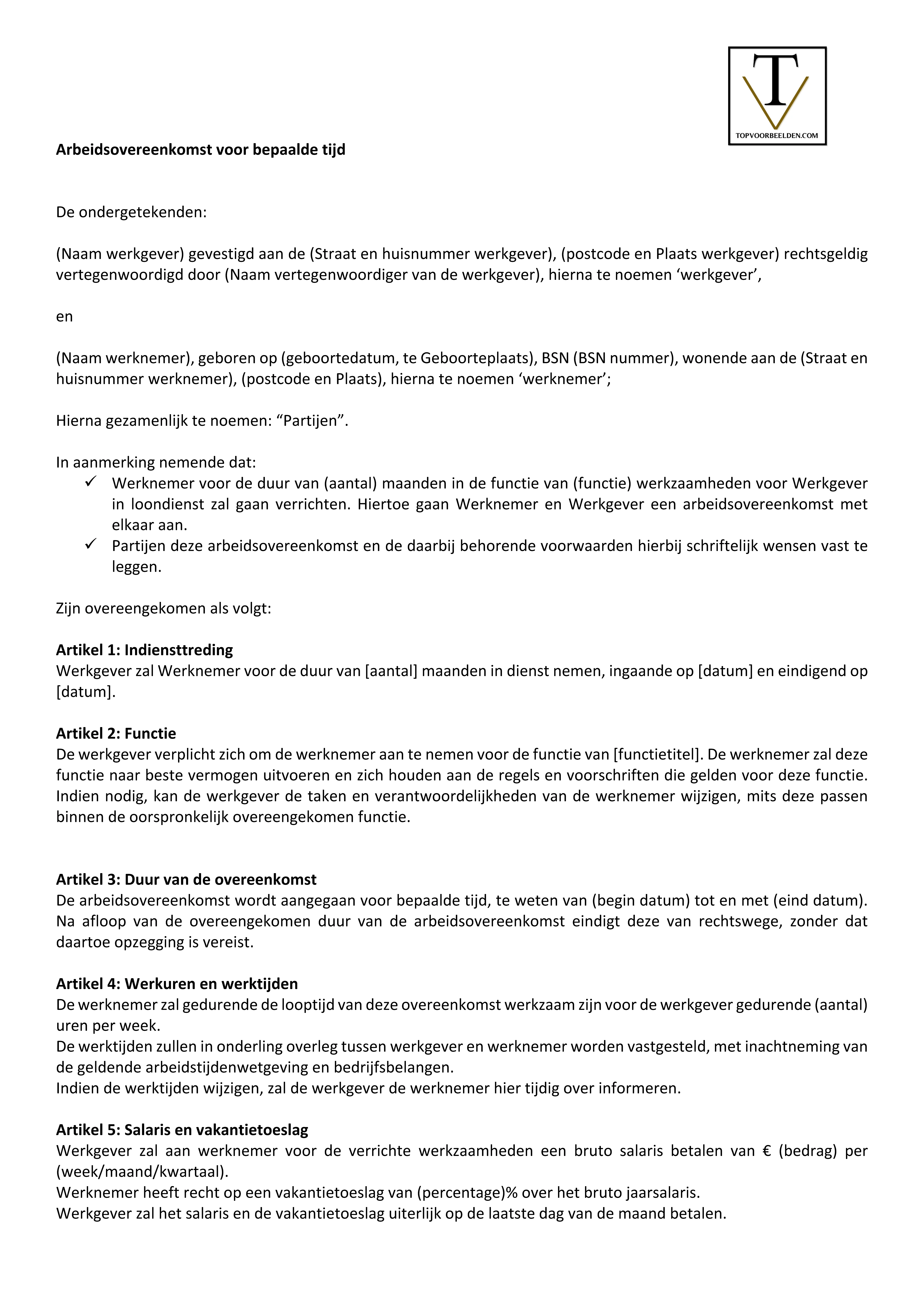 Arbeidsovereenkomst bepaalde tijd, voorbeeld arbeidsovereenkomst ter inspiratie