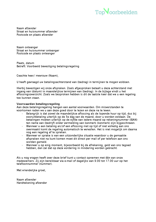 Bevestiging betalingsregeling, voorbeeld brieven om een overeengekomen betalingsbevestiging te bevestigen. 