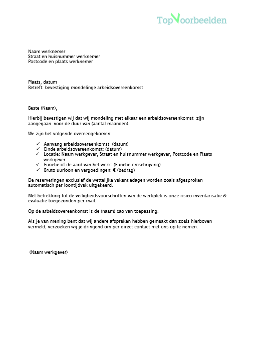 Mondelinge arbeidsovereenkomst, informatie over het mondelinge contract, inclusief voorbeeld bevestigingsbrieven. 