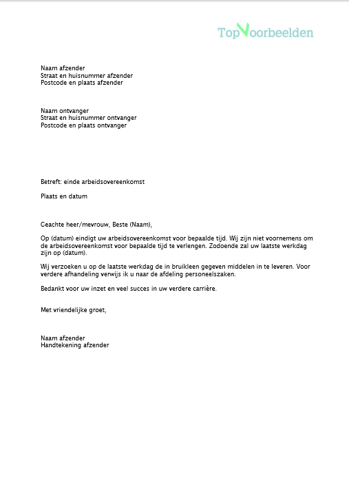 Brief Contract Niet Verlengen