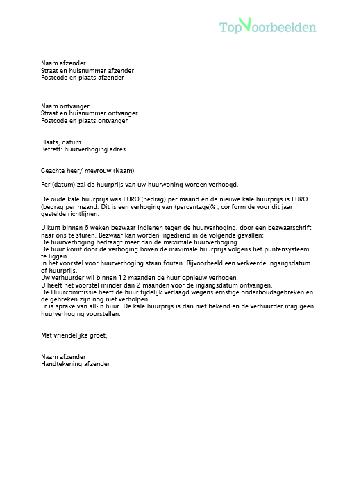 Brief Huurverhoging