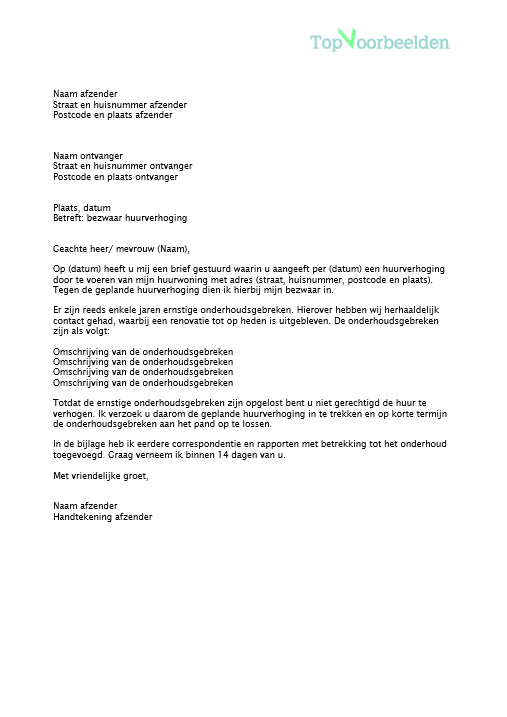 Brief huurverhoging