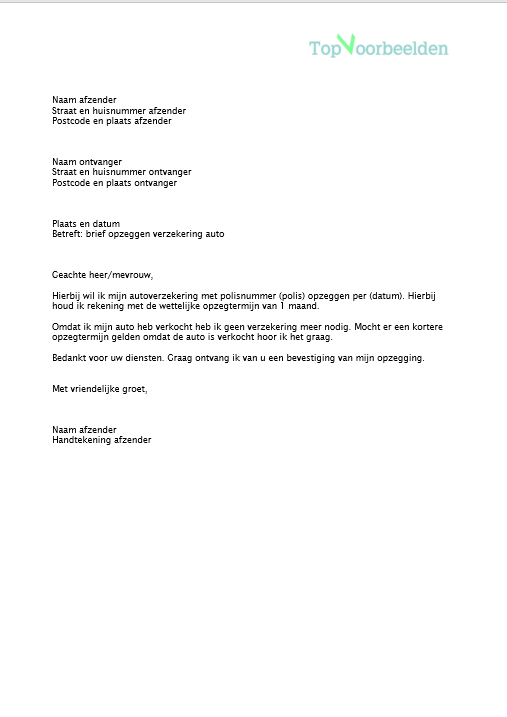 Brief opzeggen verzekering