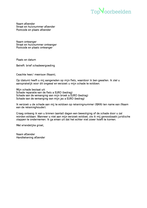 Brief schadevergoeding