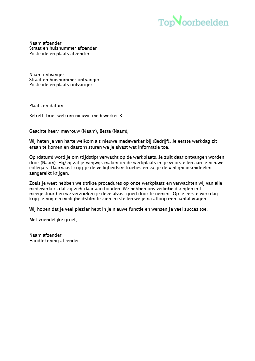 Brief welkom nieuwe medewerker