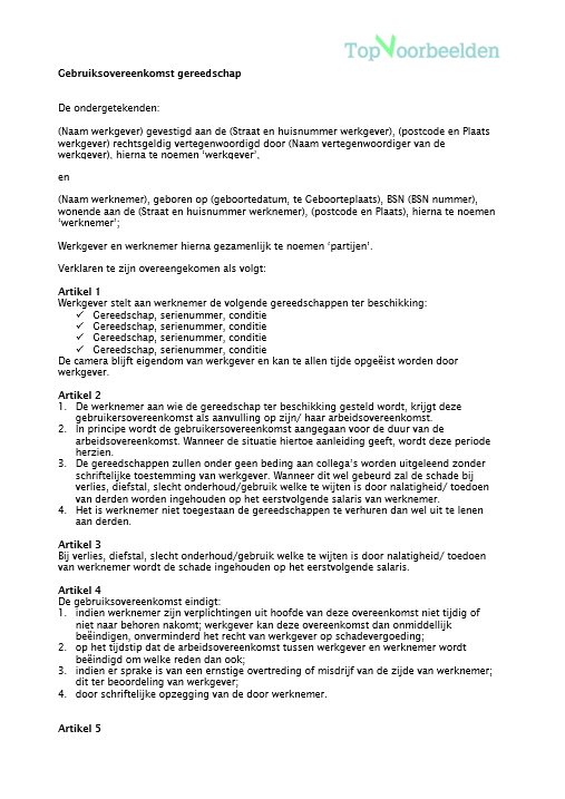 Bruikleen overeenkomst gereedschap  Gratis Voorbeeld in Word