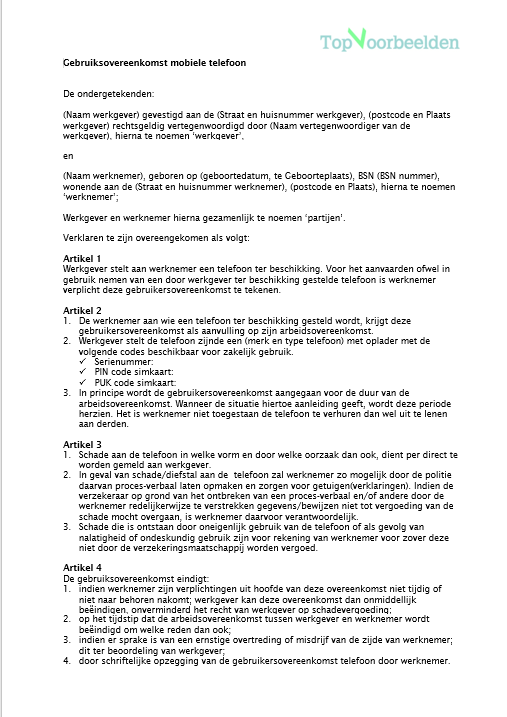 Bruikleenovereenkomst telefoon, een voorbeeld contract bij de uitgifte van een telefoon in bruikleen, gratis download. 