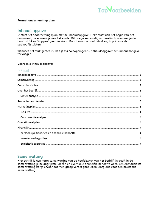 Format ondernemingsplan