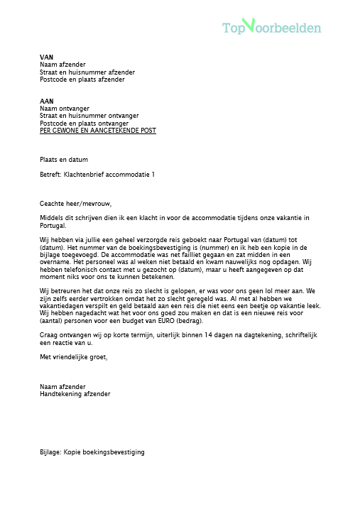 Klachtenbrief accommodatie, 2 voorbeeld klachtenbrieven voor het reisbureau bij een slechte accommodatie. Bekijk en download de gratis voorbeelden. 