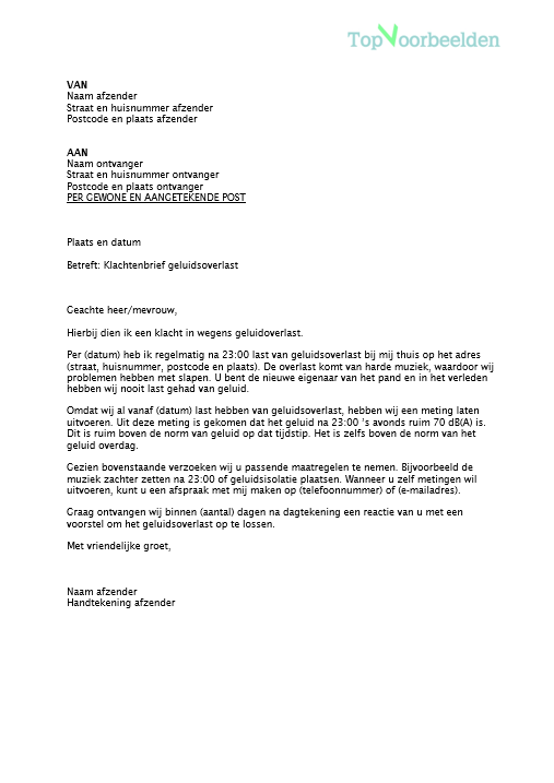 Klachtenbrief geluidsoverlast