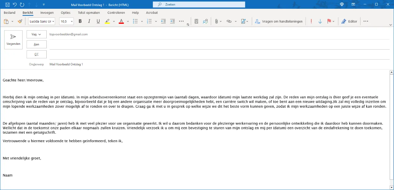 Mail Voorbeeld Ontslag, maak je ontslag mail met behulp van onze tips en Voorbeelden | topvoorbeelden.com | Standaard Templates en Brieven