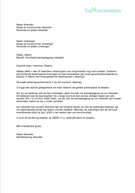 Beslaglegging inboedel, voorbeeld brieven in geval van beslaglegging inboedel