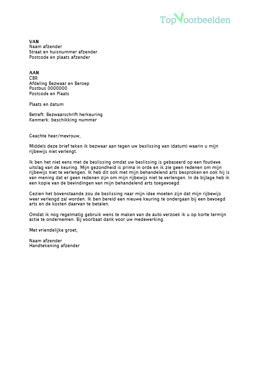 Voorbeeld bezwaarschrift CBR, voorbeeld brieven om bezwaar te maken tegen een beslissing van het CBR. 