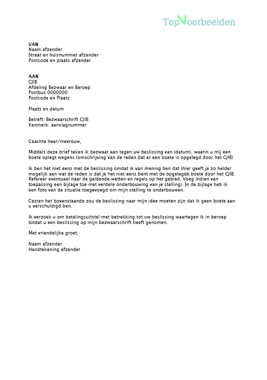 Voorbeeld Bezwaarschrift CJIB, voorbeeld brieven om bezwaar in te dienen tegen een boete van het CJIB. 