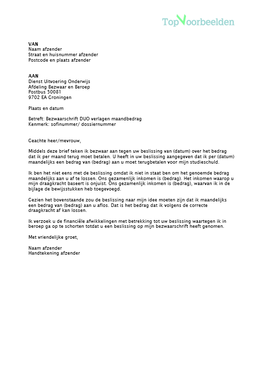 Voorbeeld bezwaarschrift DUO