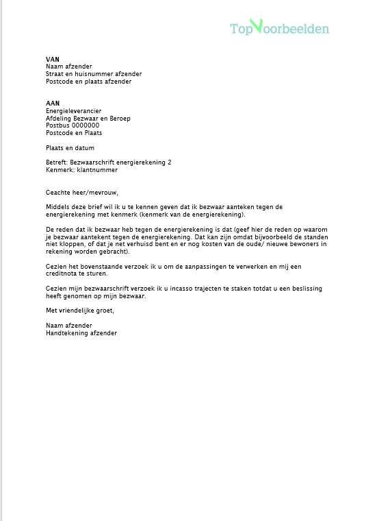 Voorbeeld bezwaarschrift energierekening 2