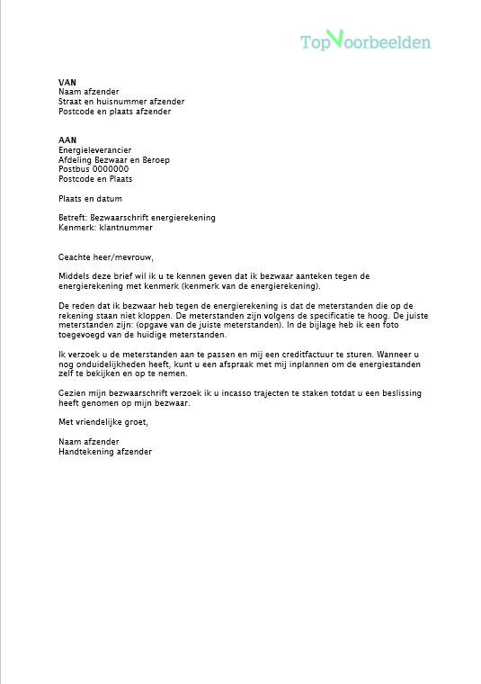Voorbeeld bezwaarschrift energierekening, wanneer je het niet eens bent met de energierekening en bezwaar wil indienen. 