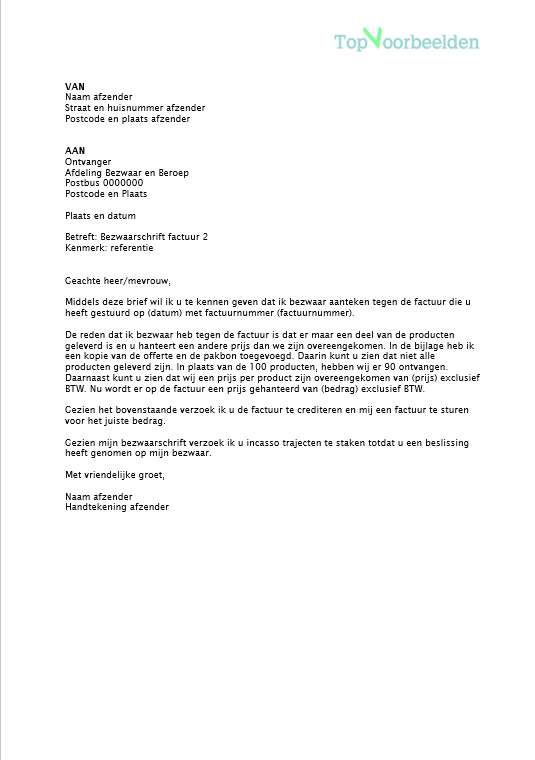 voorbeeld bezwaarschrift factuur 2