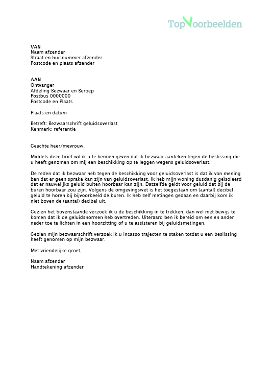 Voorbeeld bezwaarschrift geluidsoverlast