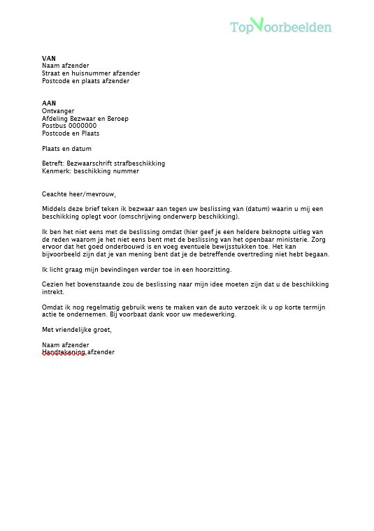 Voorbeeld bezwaarschrift strafbeschikking, voor wanneer je het niet eens bent met de beslissing van het OM om een strafbeschikking op te leggen. 