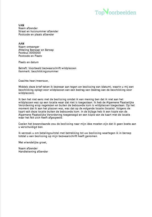 Voorbeeld bezwaarschrift wildplassen, wanneer u het niet eens bent met een beschikking voor wildplassen, gratis voorbeeld brieven