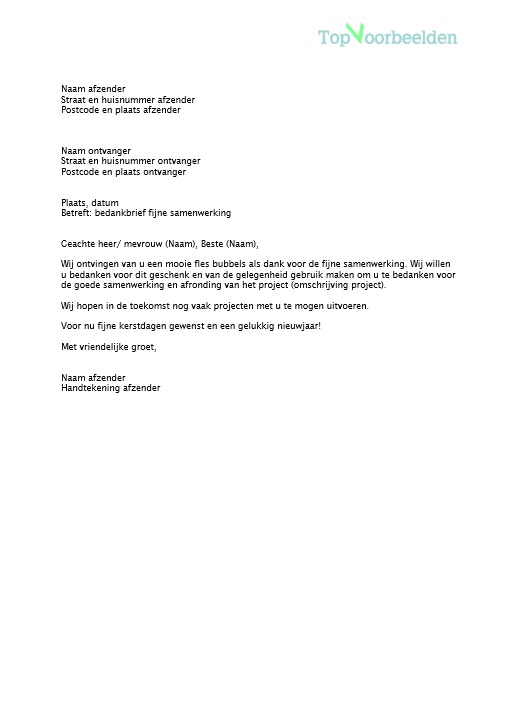 Brief fijne samenwerking
