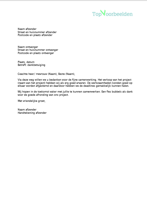 Brief fijne samenwerking