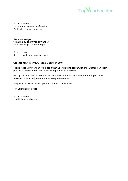 Brief fijne samenwerking