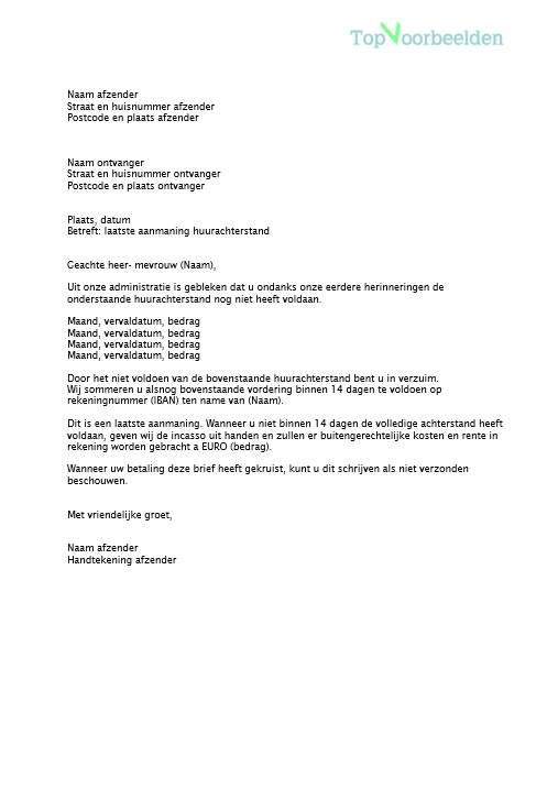 Brief huurachterstand