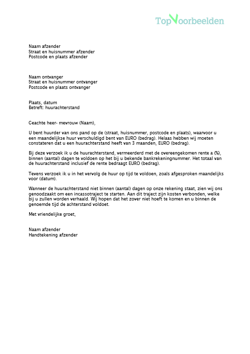 Brief huurachterstand