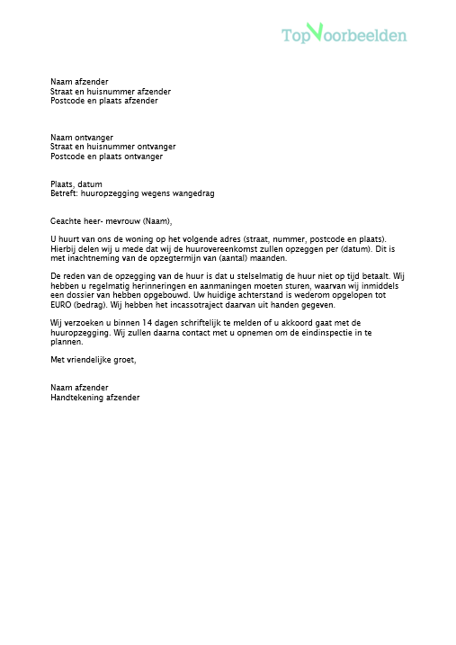 Brief huuropzegging verhuurder
