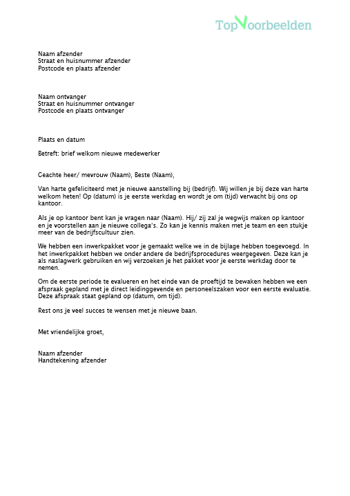Brief welkom nieuwe medewerker