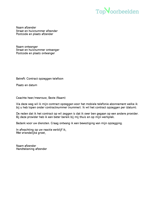 Brief contract opzeggen