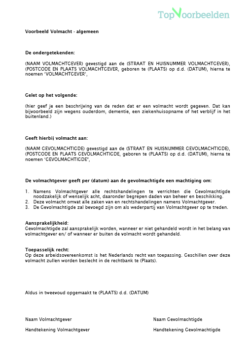Voorbeeld Volmacht Formulier