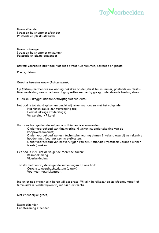 Voorbeeld brief bod huis