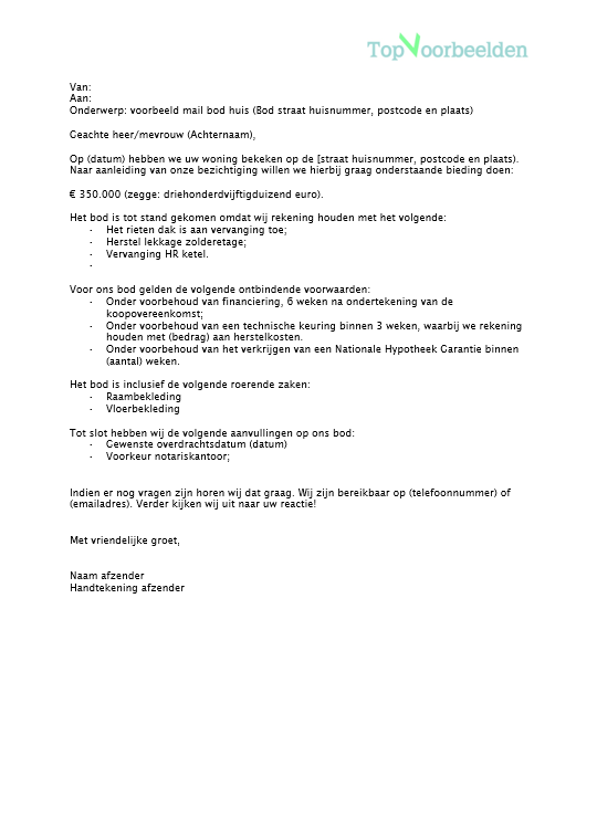 Voorbeeld mail bod huis