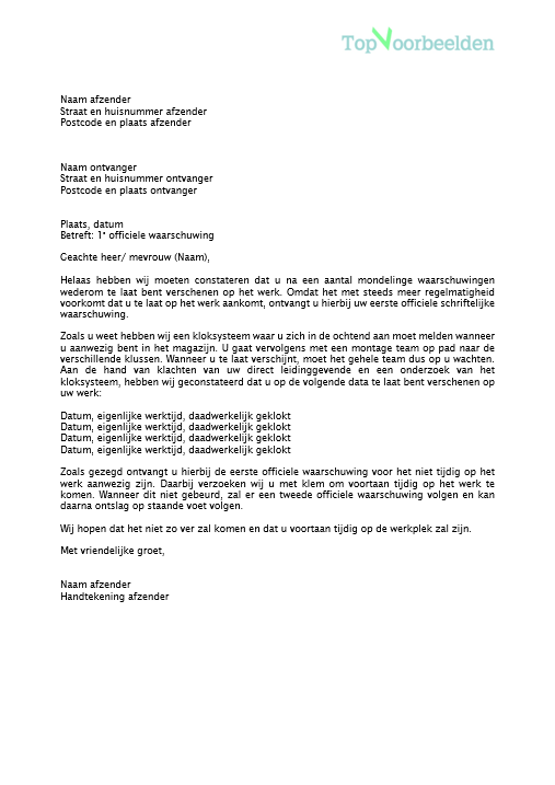 Voorbeeld officiele waarschuwing